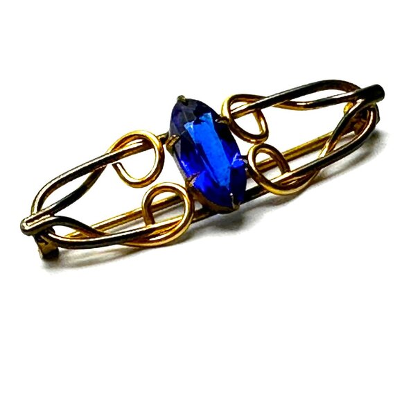 Edwardian Gold-Filled Blue Glass Brooch—Emerald Cut Shaped Faceted Glass – GUC - Picture 3 of 9